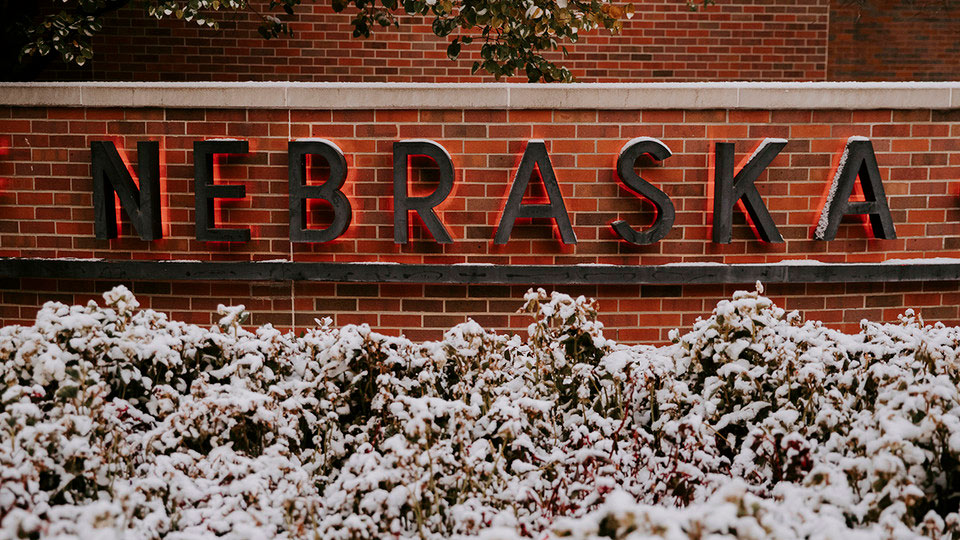Nebraska sign with snow