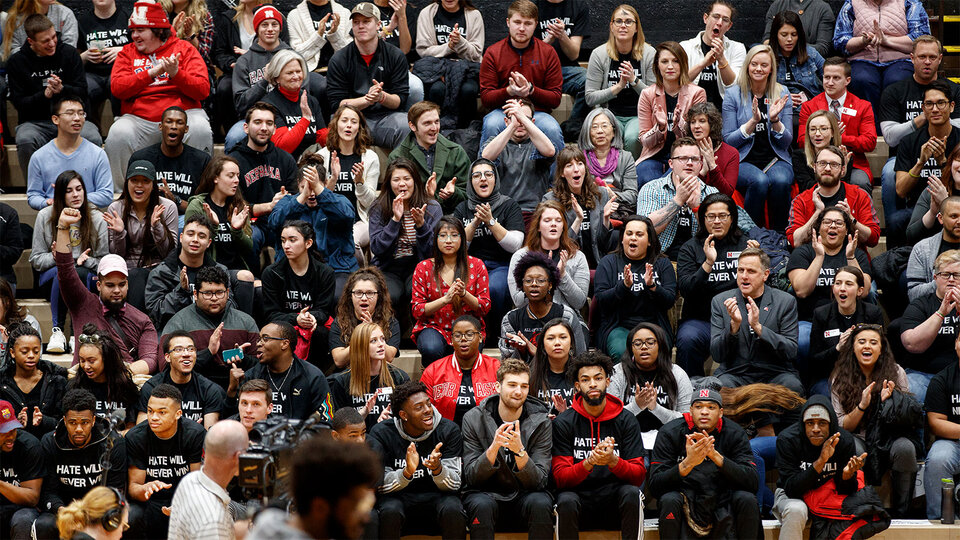 Students and faculty at the Hate Will Never Win rally