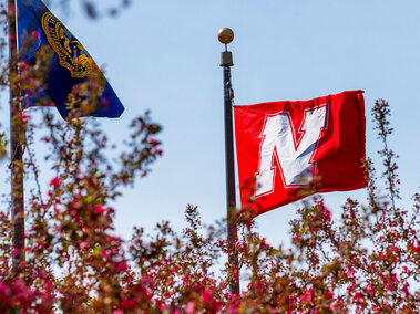 University of Nebraska Flag and the American flag wave above the flowering trees 