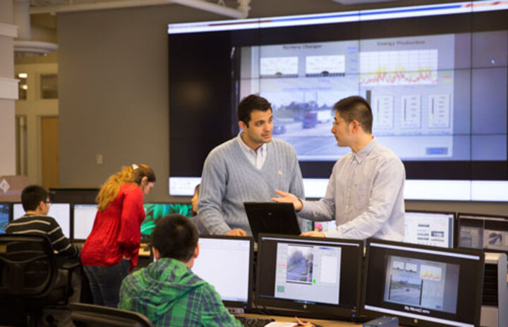 student in Transportation System Lab talking