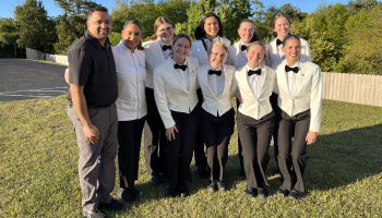 Ten University of Nebraska–Lincoln students are helping provide hospitality services at Augusta National Golf Club for the 2024 Masters Tournament. The group includes (back row, from left) instructor Ajai Ammachathram, Andrea Lindemann, Hannah Kwapnioski, Mayah Delgado-Walker, Lyv Williams and Abigail Cantrell; (front row, fromt left) Lauren Hartman, Savannah Mayer, Lydia Tobin and Mia Wilson.